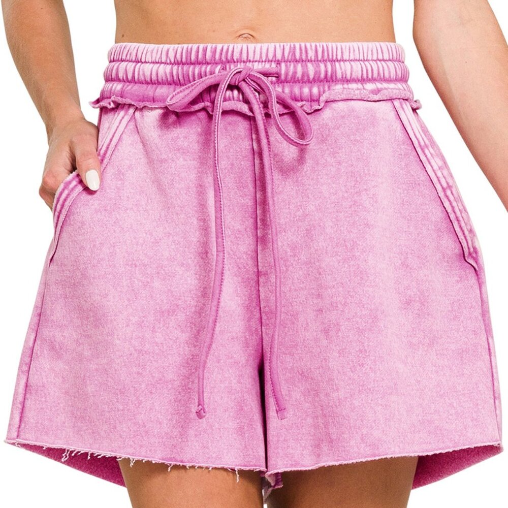 NWT Ladies Mauve Acid Wash Fleece Drawstring Shorts with Pockets - Small Large